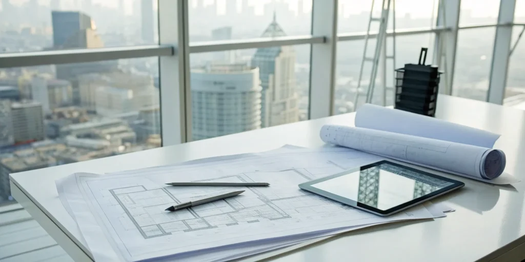 Blueprint, pen, and tablet on desk. Strategies for faster building permit approvals.