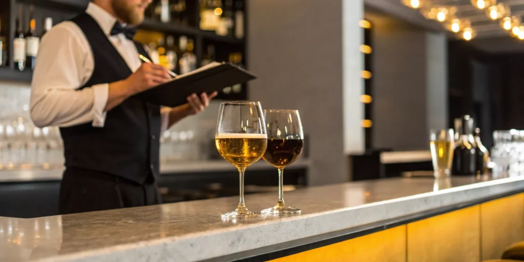 Restaurant bar with bartender pouring beer and wine.