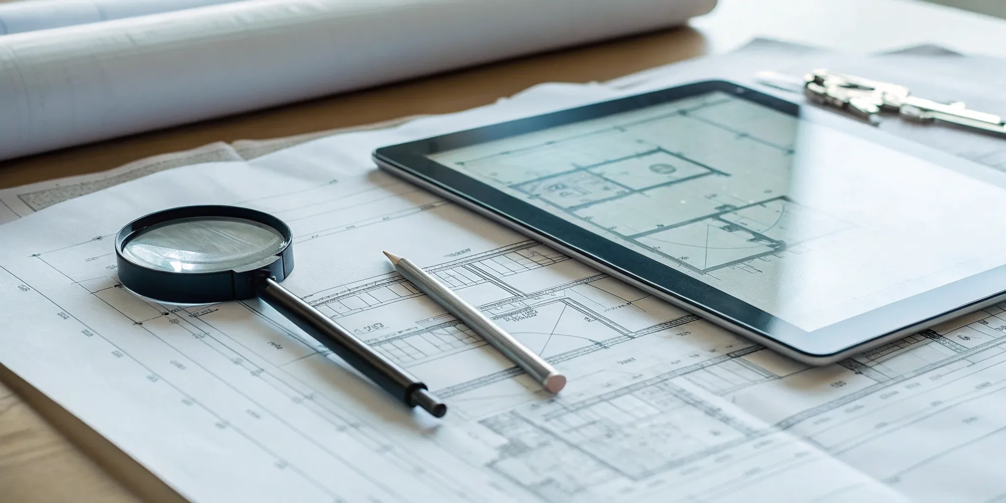 Building plans review with tablet, magnifying glass, and pencil.