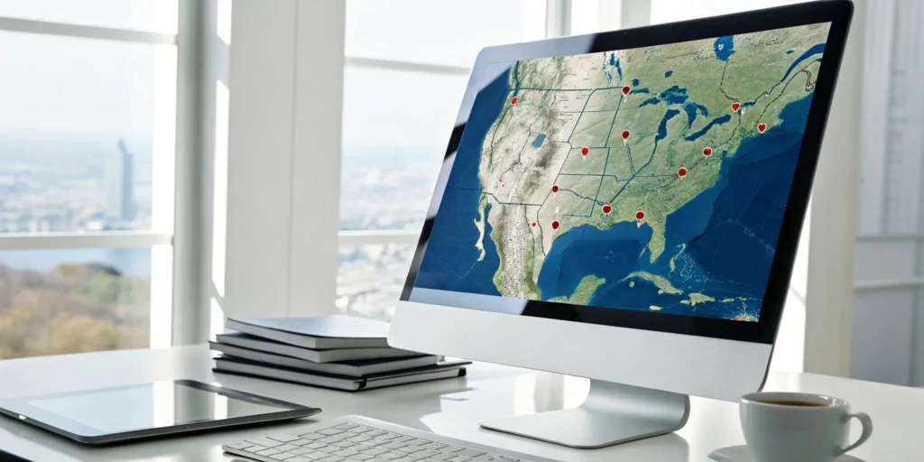 National rollout program management shown on a computer screen with map and location pins.
