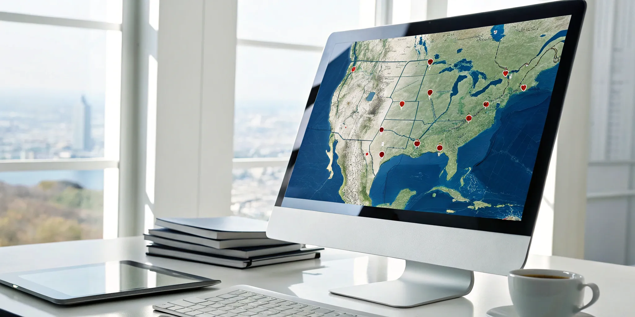 National rollout program management shown on a computer screen with map and location pins.