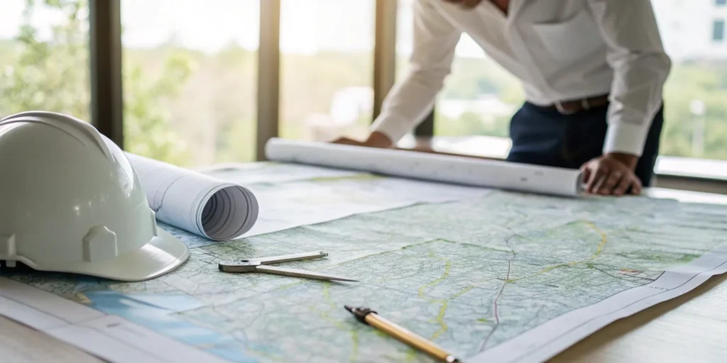 Permit due diligence review with site plans, documents, and hard hat.