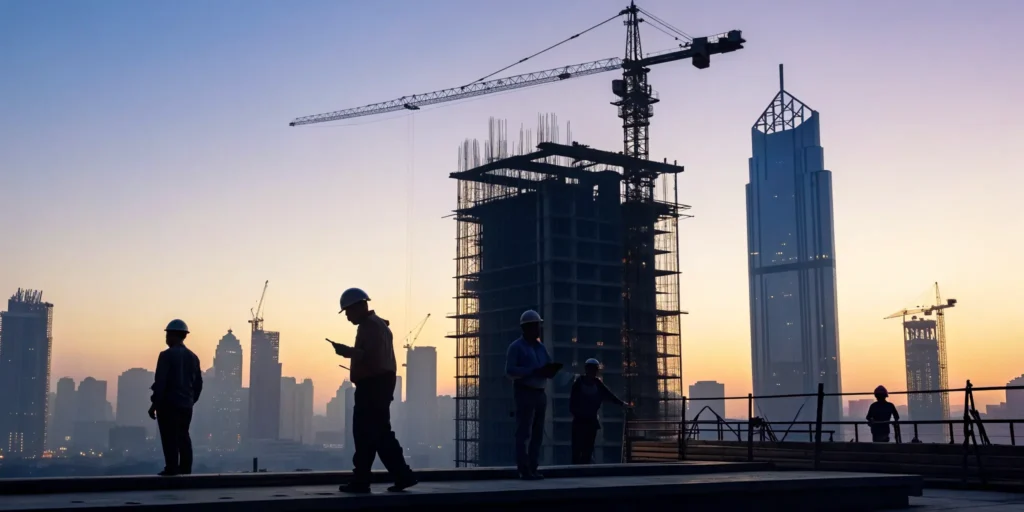 Construction site with cranes at sunset.