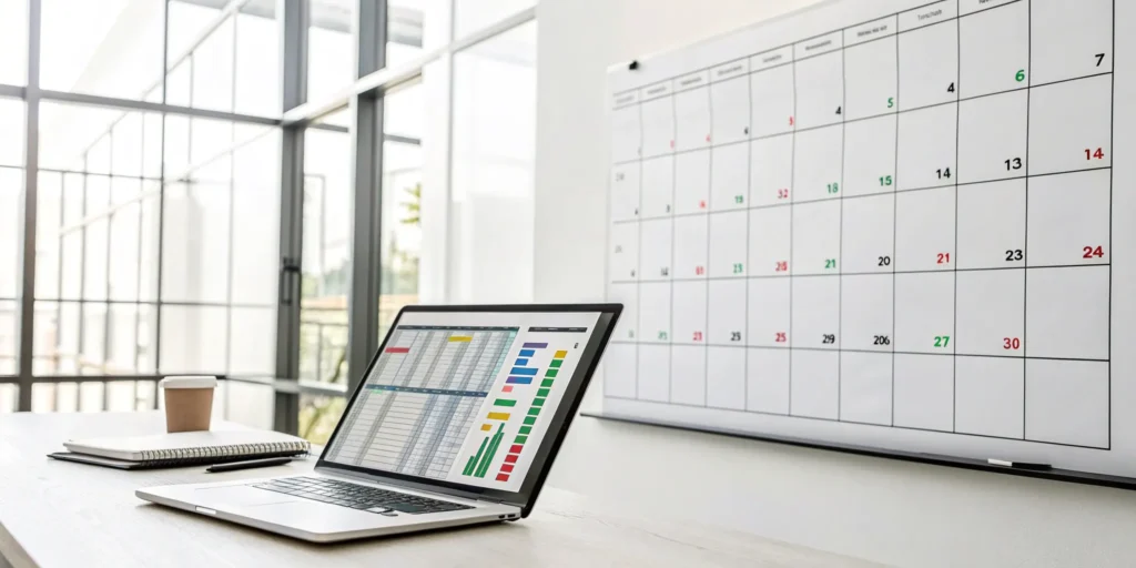 Planning a franchise rollout with a permit management spreadsheet on a laptop.