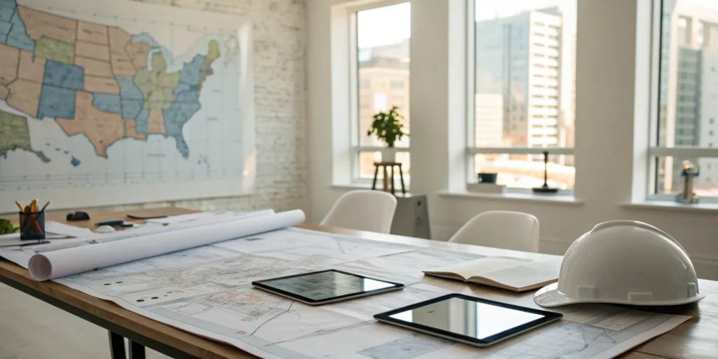 Planning tools for multi-state construction permitting, including blueprints and a hard hat.