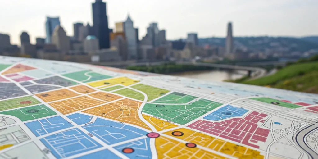 Map of the city of Pittsburgh detailing different zones for building permit fees.