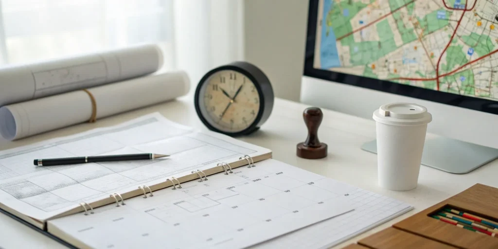 A desk organized for navigating the entitlement and permitting services process with documents and a map.