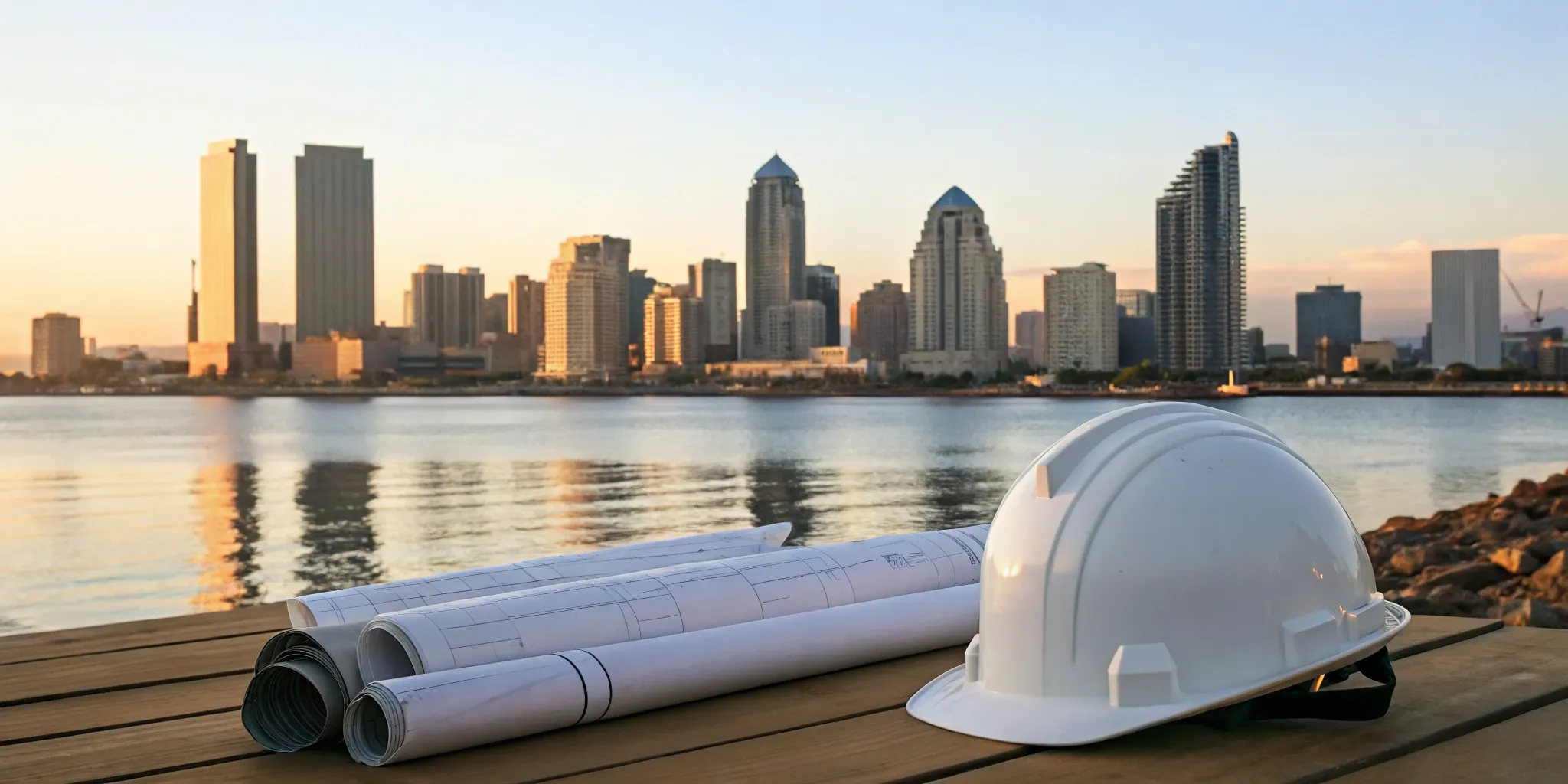 City of San Diego sign permit application with blueprints and a hard hat before the skyline.