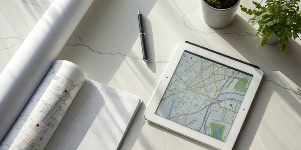 Construction plans, permits, and tablet on a desk.
