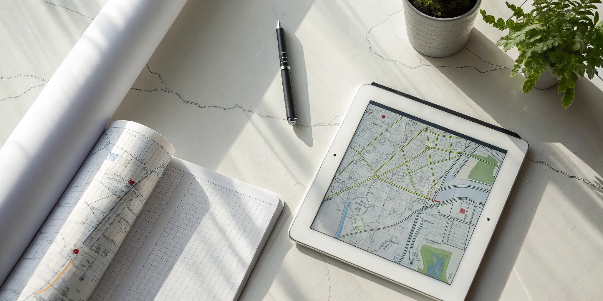 Construction plans, permits, and tablet on a desk.