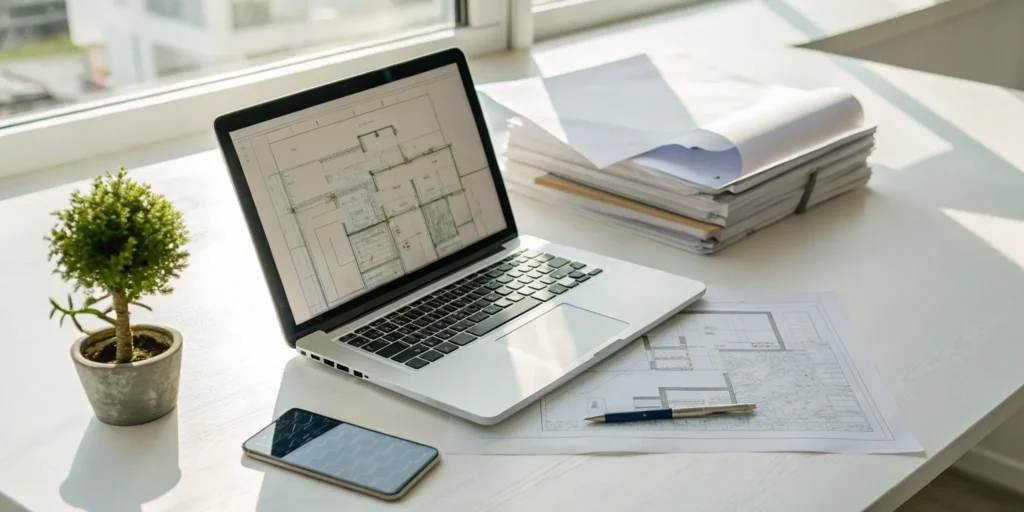 Commercial building plans, permits, and phone on a desk. Hiring a permit expediter streamlines the process.