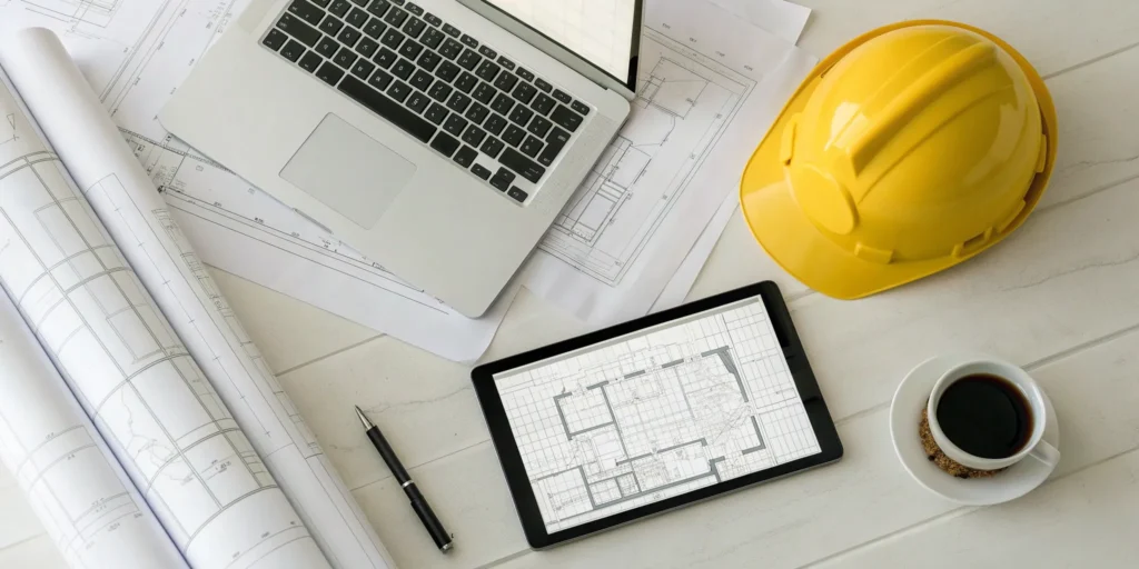 Planning a national construction rollout with blueprints, a hard hat, and project management tools.