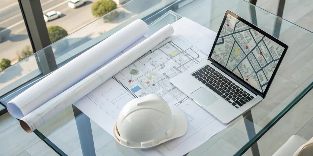 National construction rollout permitting tools: laptop, blueprints, hard hat.
