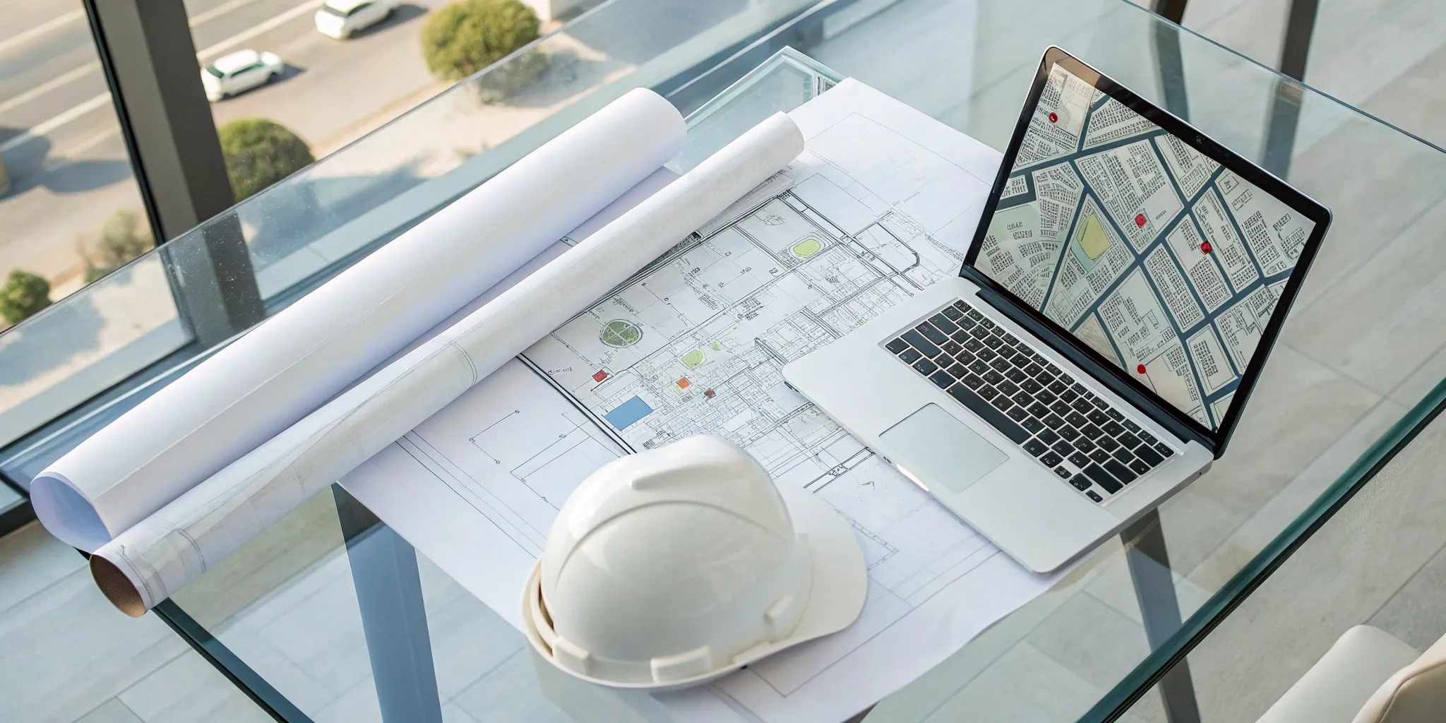 National construction rollout permitting tools: laptop, blueprints, hard hat.