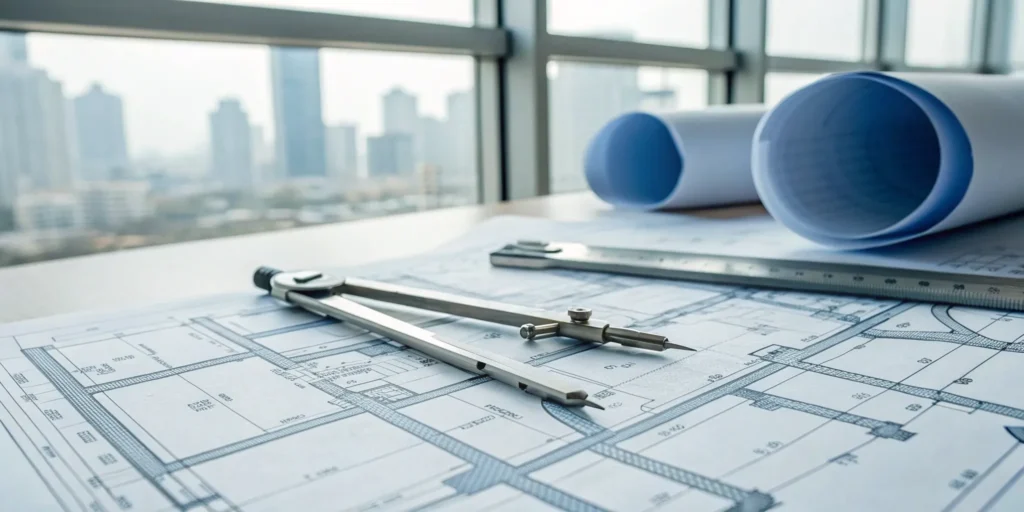 Pittsburgh building permit application with blueprints and drafting tools.