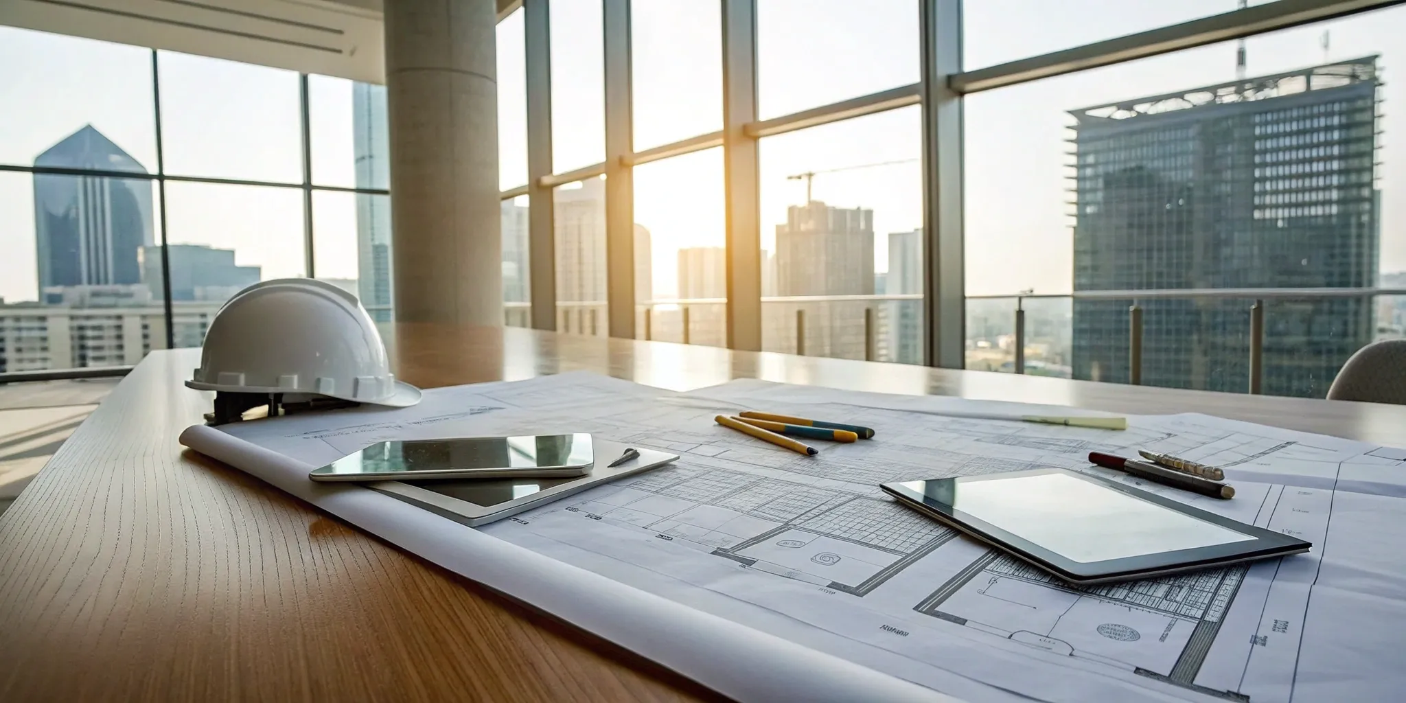 Blueprints and a hard hat on a desk for planning multi-unit franchise permit services.