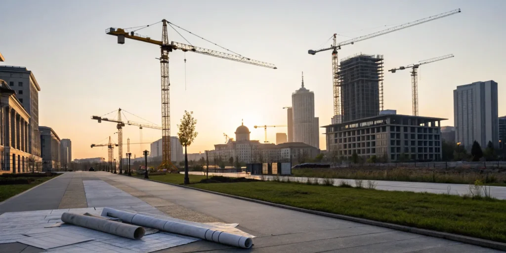 City skyline with construction cranes and building plans for national permit services.