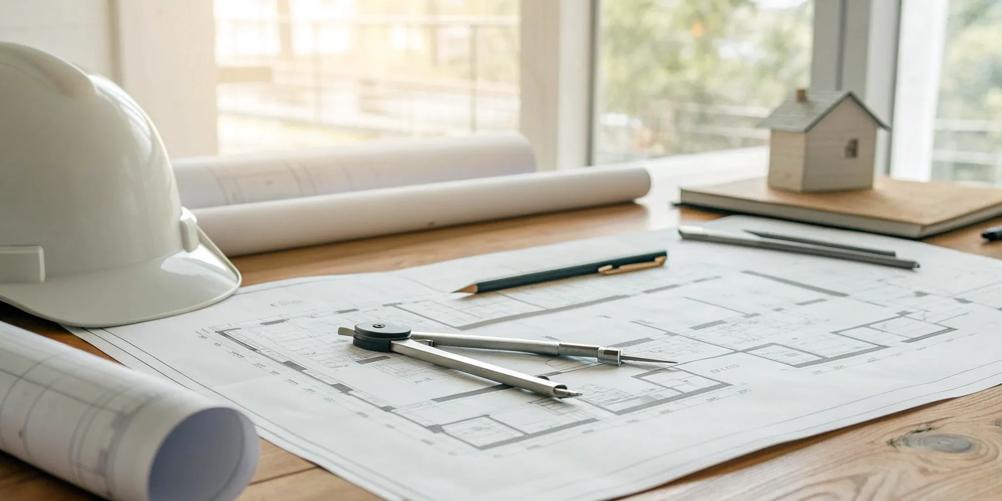 A desk with blueprints and a hard hat for permit due diligence services.
