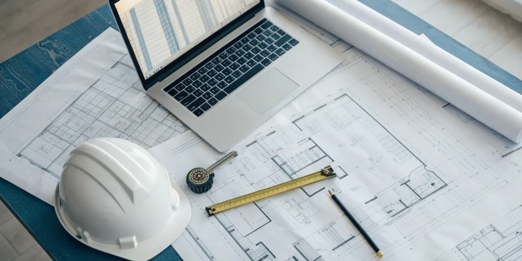 A sign permit expeditor reviewing blueprints to ensure local code compliance for a new sign.