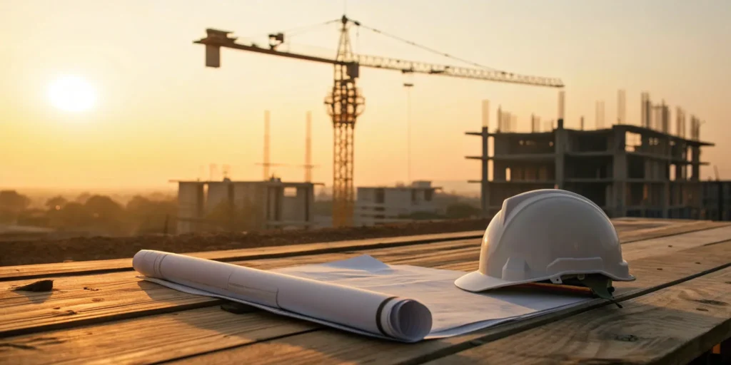 A construction site investigation report and blueprints with a safety helmet and crane in the background.