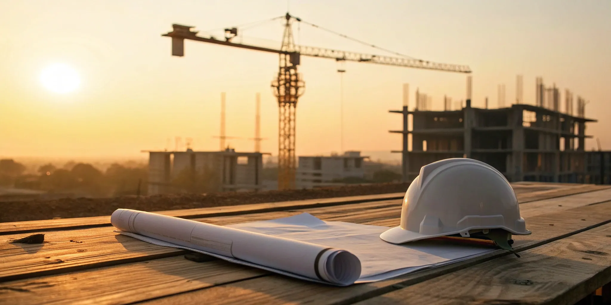 A construction site investigation report and blueprints with a safety helmet and crane in the background.