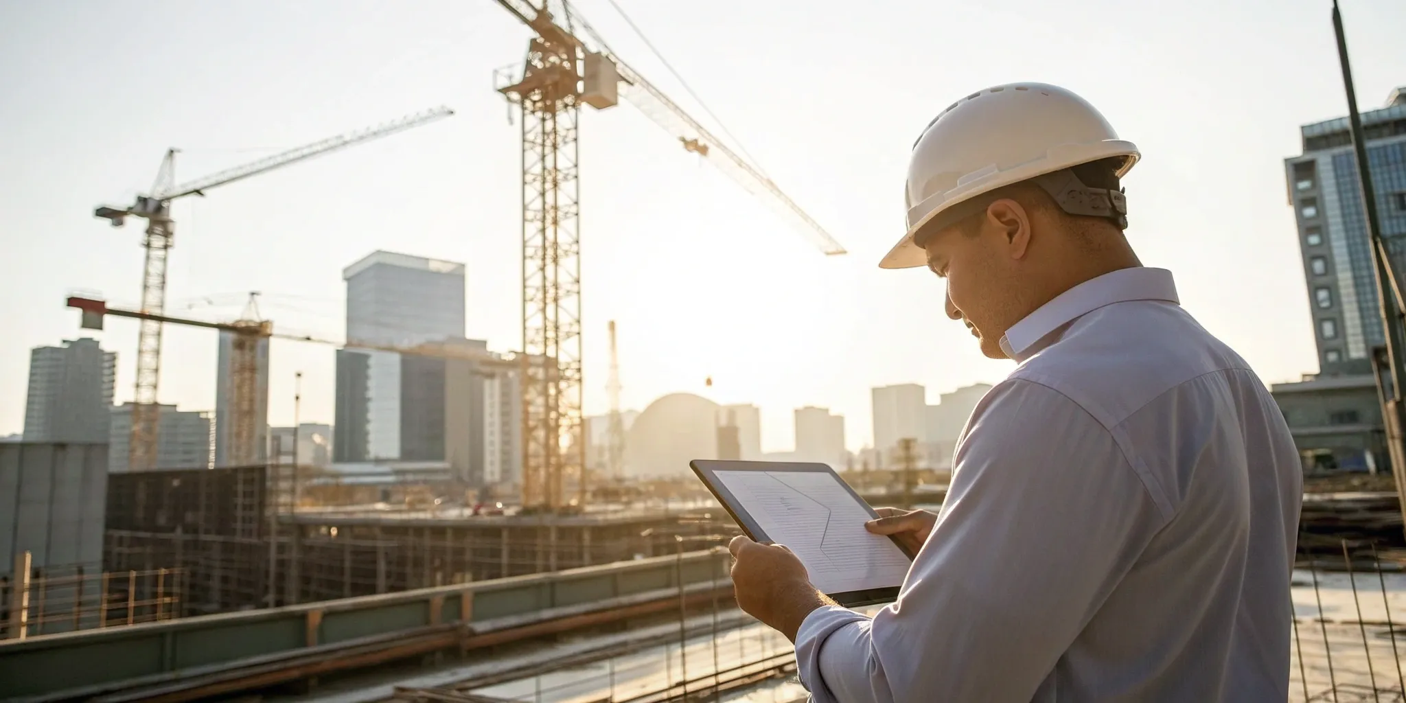 Permit expediter for a California construction project reviewing plans with cranes in the background.