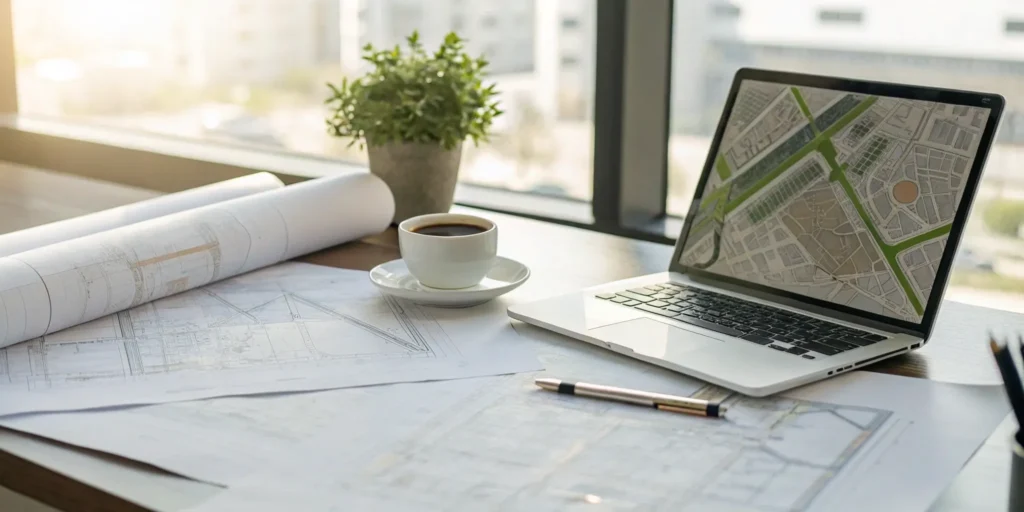 Permit expediter for a franchise owner planning a new location with blueprints and a digital map.