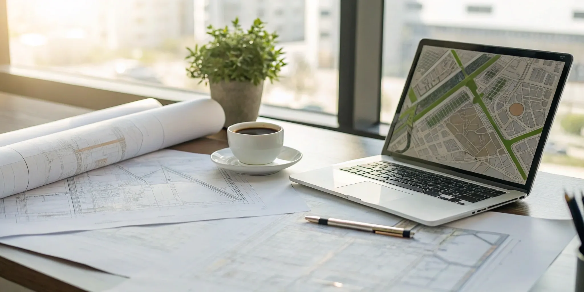 Permit expediter for a franchise owner planning a new location with blueprints and a digital map.