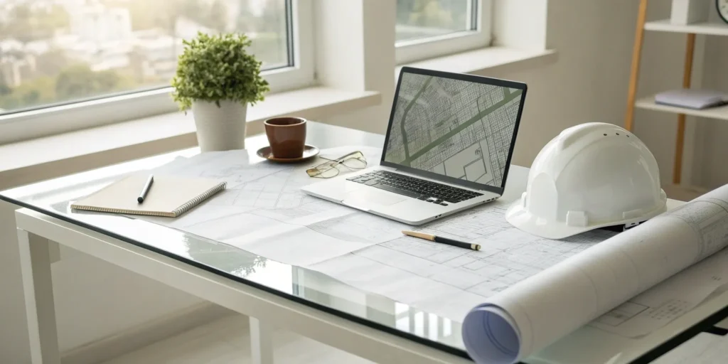 A permit expediter reviews blueprints for a tenant improvement project on a desk with a laptop and hard hat.