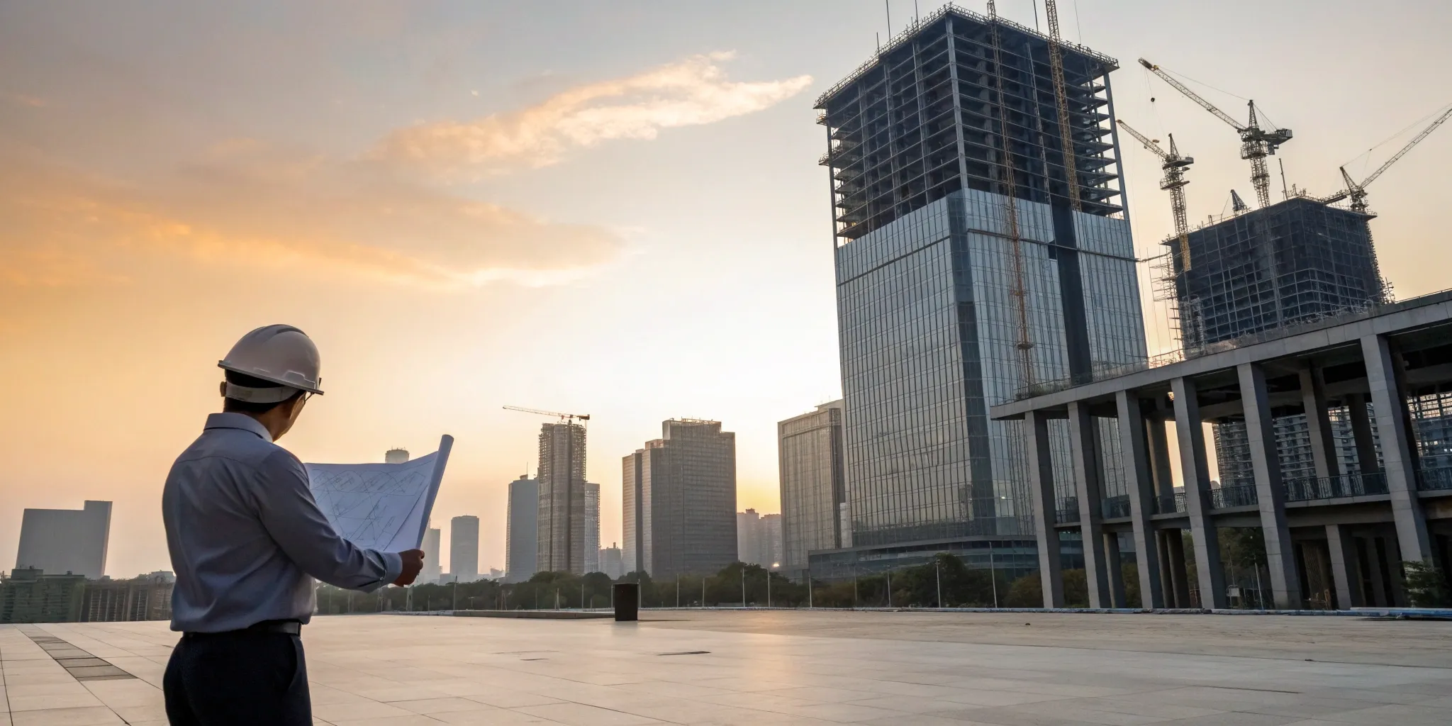 Engineer holding commercial building permit plans at a local construction site.