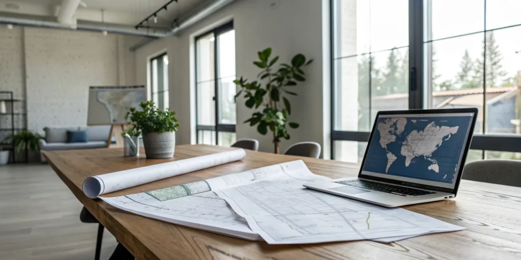 Laptop showing a map with architectural blueprints for getting retail building permits.