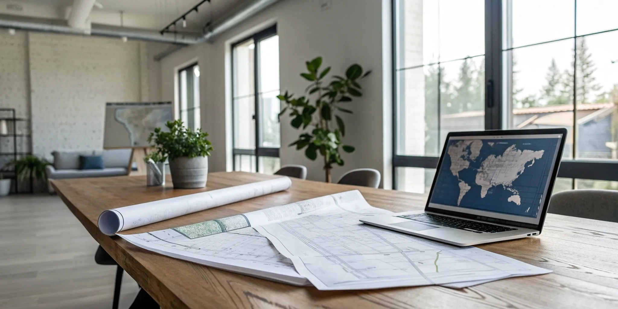Laptop showing a map with architectural blueprints for getting retail building permits.