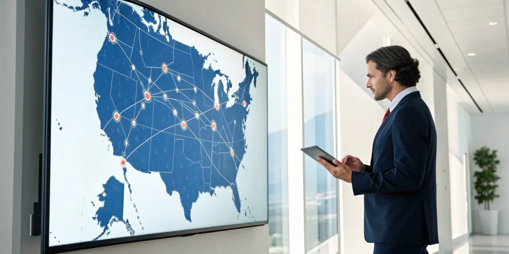 A manager streamlining permit management for national rollouts on a digital map.