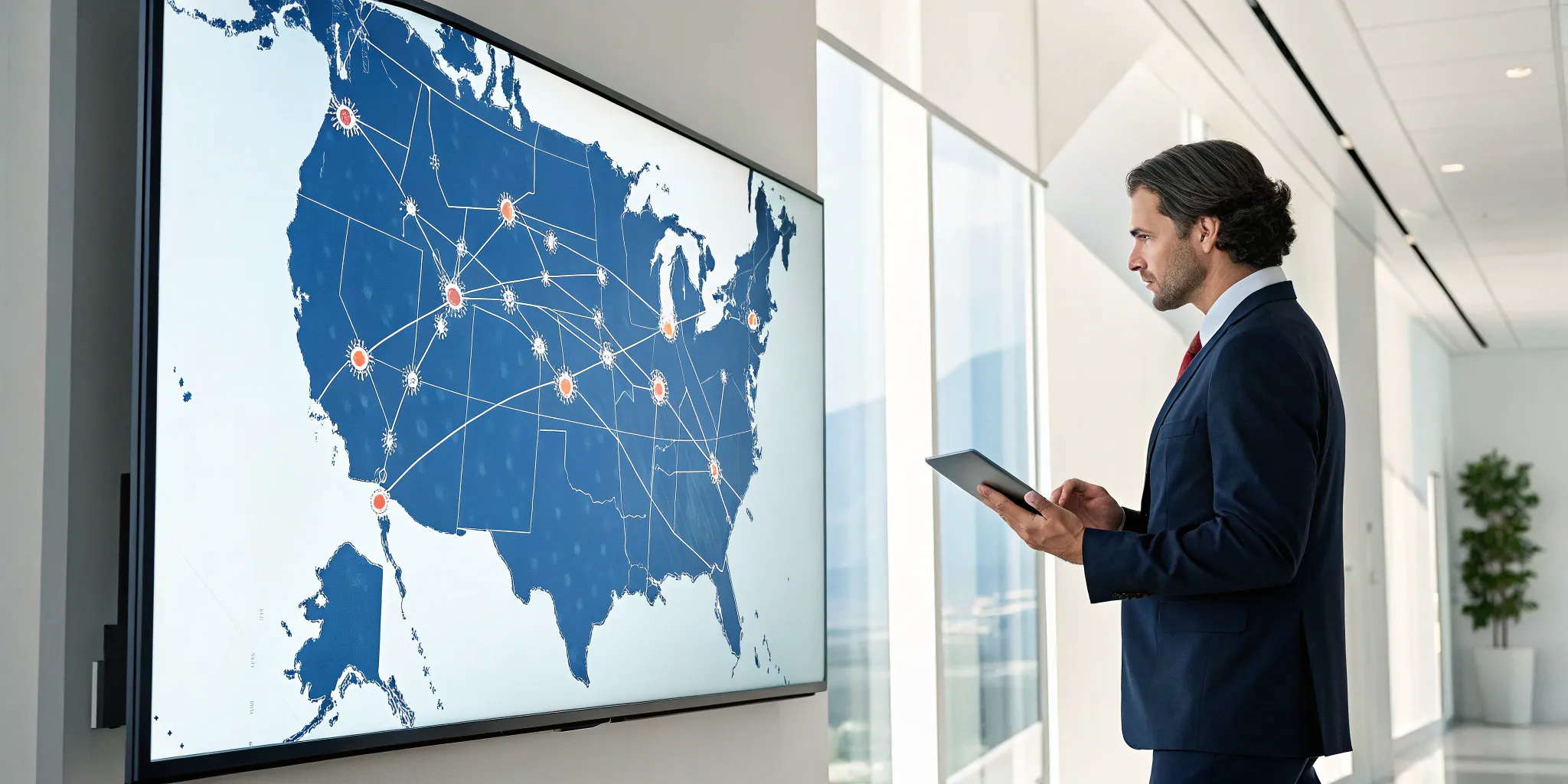 A manager streamlining permit management for national rollouts on a digital map.