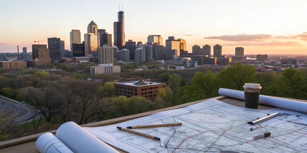 Desk with tools for commercial zoning analysis services overlooking a city skyline.