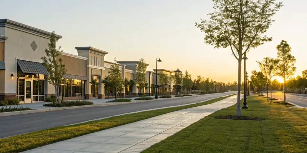 Modern commercial buildings on a street approved through the land use entitlement process.