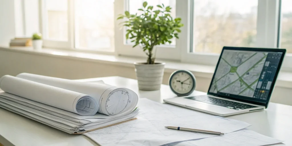 A desk with blueprints and a laptop showing what is required for permit due diligence.