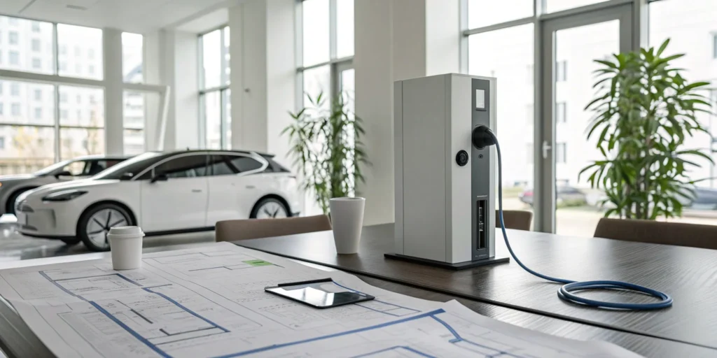 Site plans and documents for commercial EV charger permitting on an office desk.