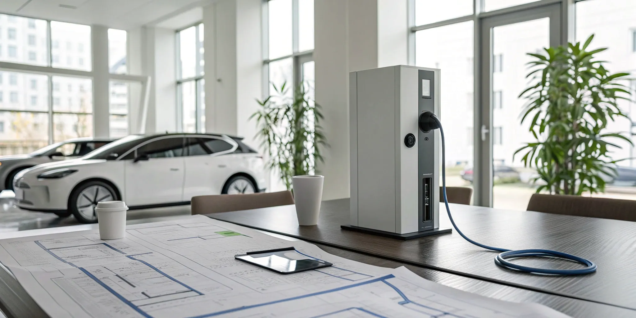 Site plans and documents for commercial EV charger permitting on an office desk.