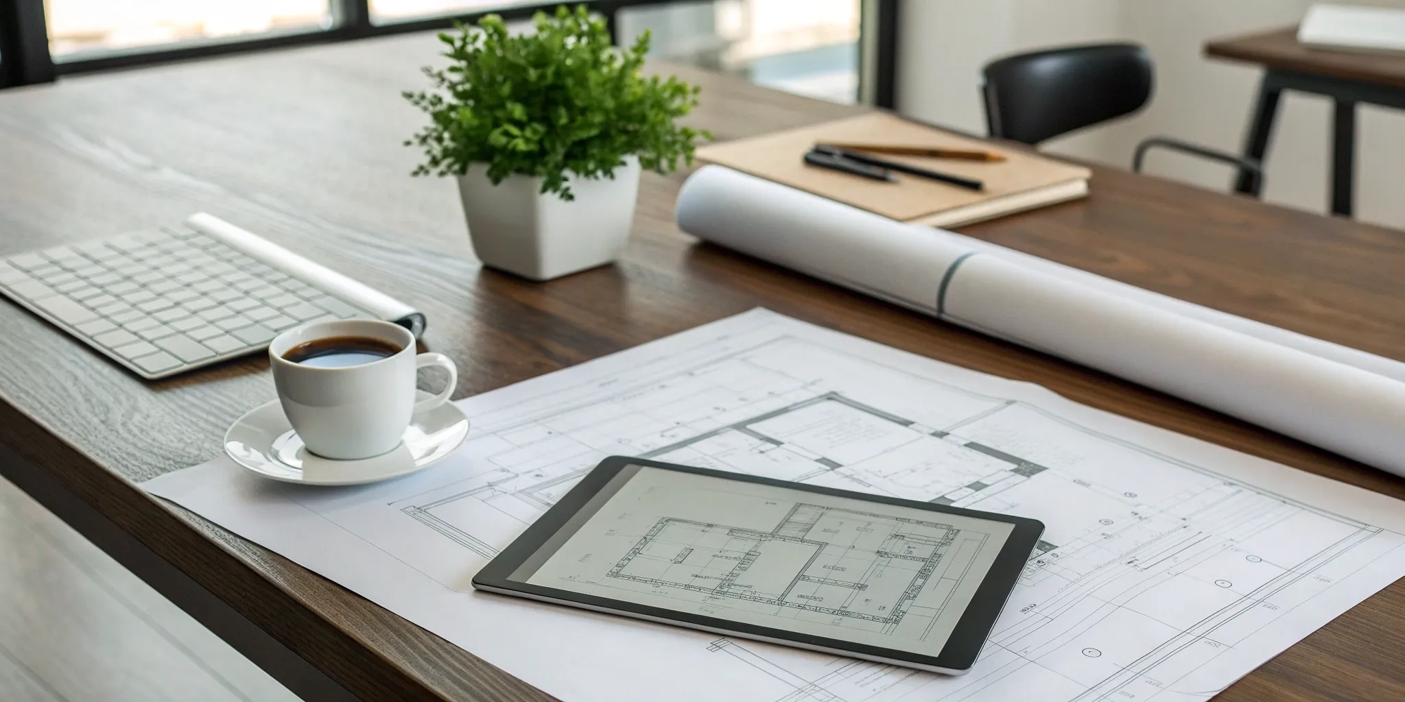 A commercial plan on a tablet surrounded by blueprints, ready for the submittal process.