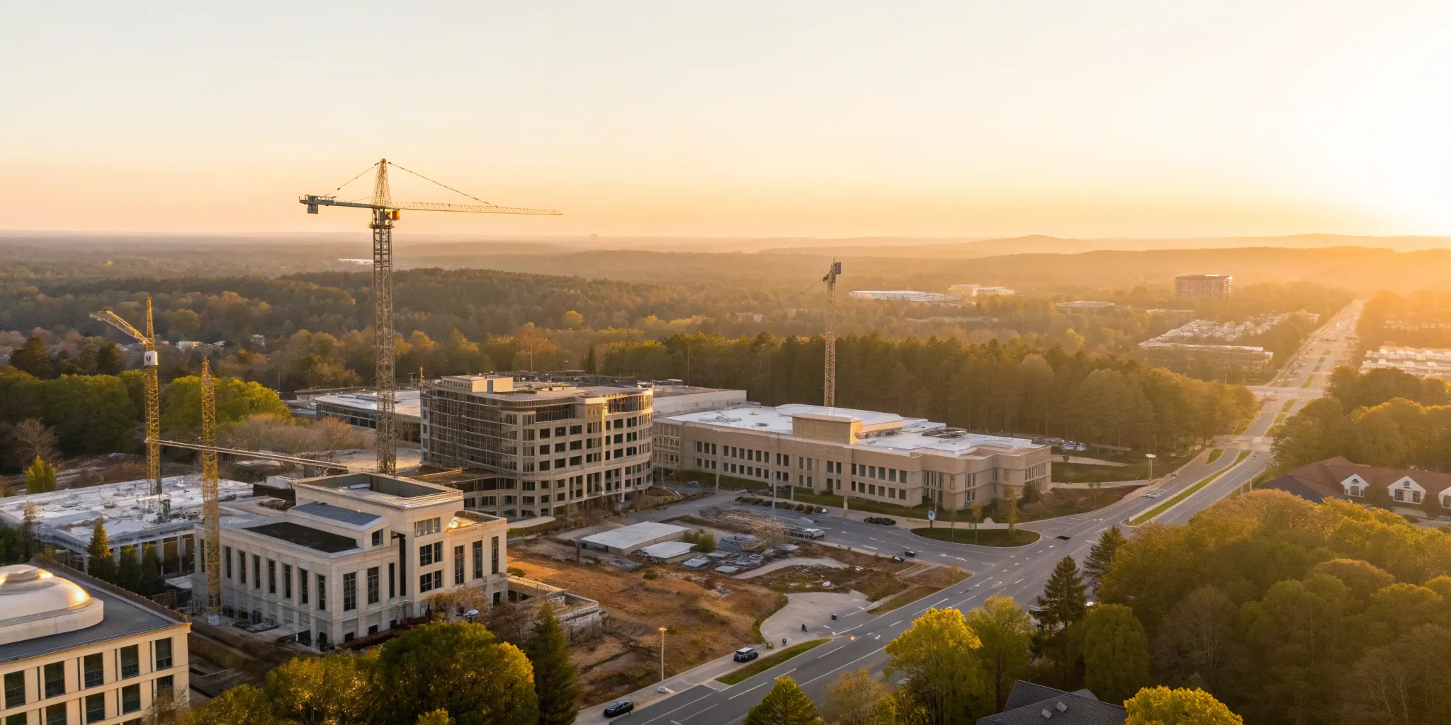 Cranes over a commercial construction site in Alpharetta, GA, subject to city permit fees.