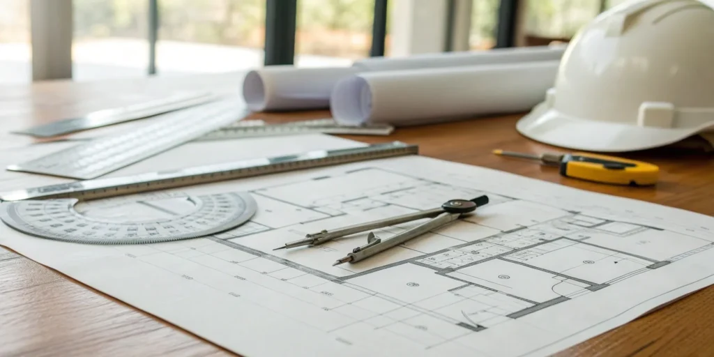 Blueprints and a hard hat ready for a commercial construction permit application.