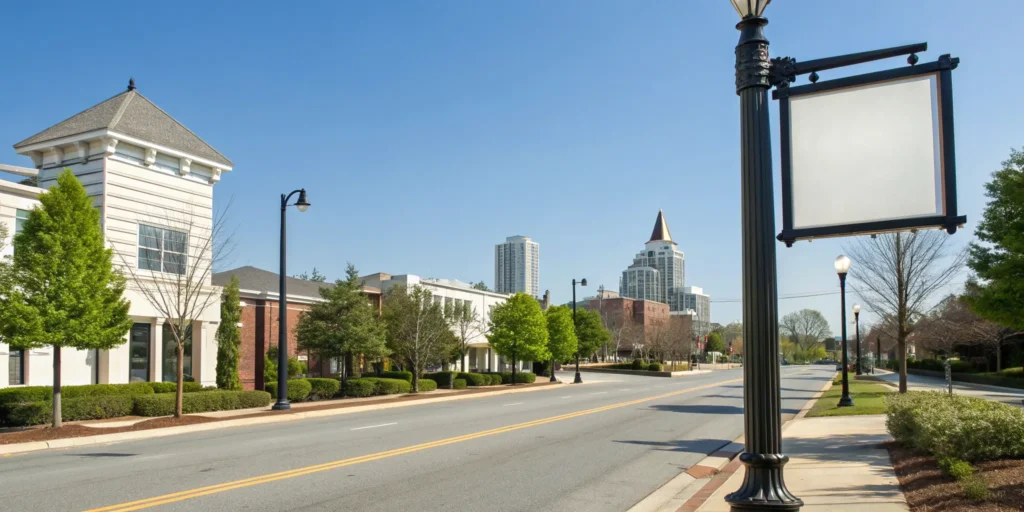 A blank commercial signpost in East Point, GA, awaiting a new sign and permit.