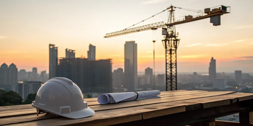 Hard hat and blueprints for a Fort Lee construction permit at a building site with a crane.