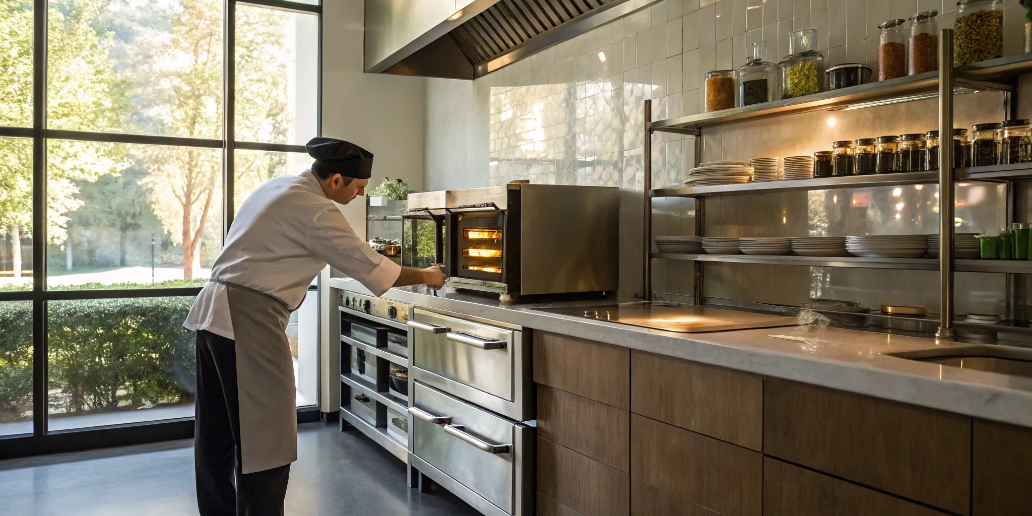 Restaurant chef in a commercial kitchen preparing for a health department permit inspection.