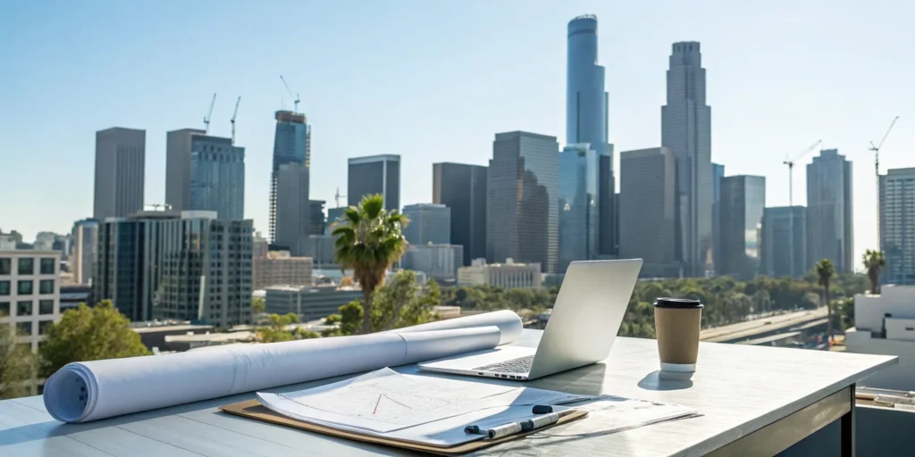 Planning a Los Angeles banner permit application on a desk with blueprints.