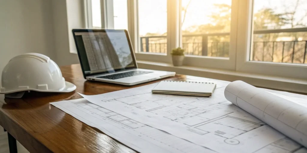 Outsourced building plan submission with blueprints and a laptop for faster approvals.