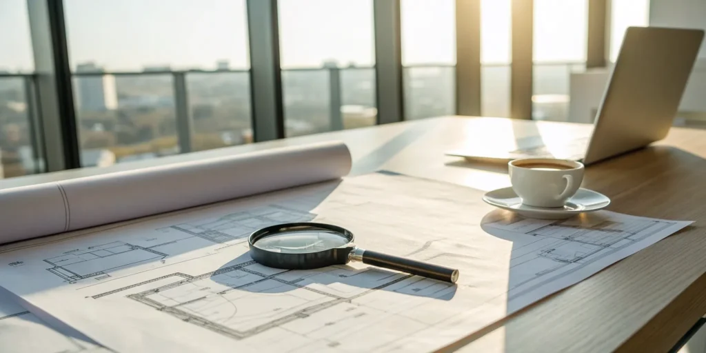 Blueprints and a laptop on a desk for calculating a permit expediter cost in California.