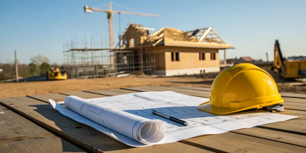 Blueprints and a hard hat on a construction site for an SCDOT general permit.