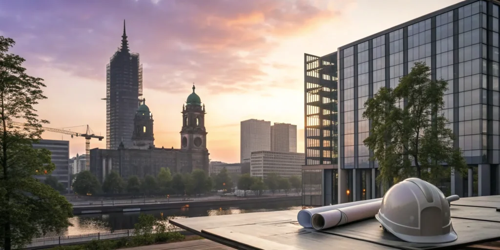 Architectural plans and a hard hat for a new sign permit application in Stockbridge, GA.